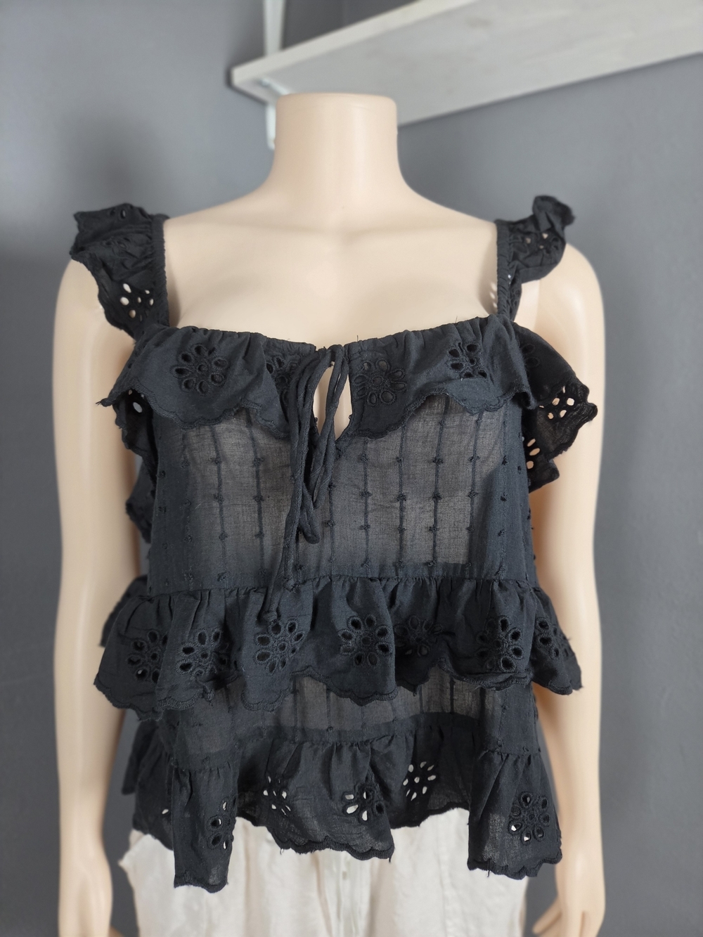 Black Eyelet Ruffle Tie-Front Camisole Top